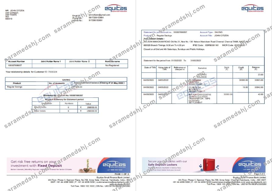 India Equitas bank statemnet 3 pages